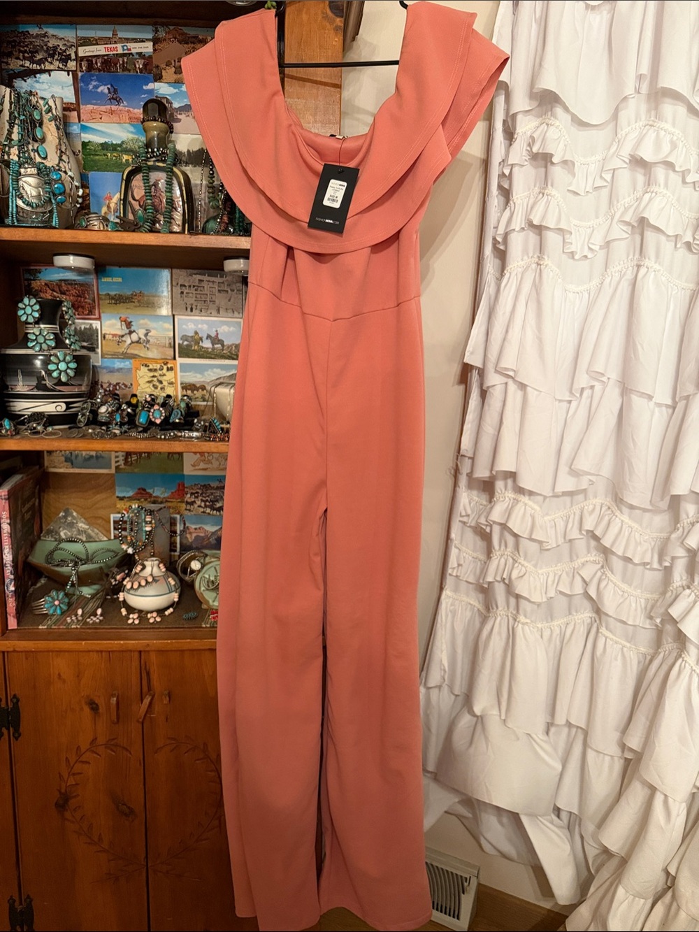 Fashion Nova Coral Ruffle-Neck Wide Leg Jumpsuit